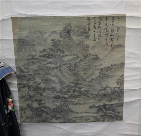 A Chinese silk scroll painting, Qing dynasty, image 44.5 x 42cm, some wear upper left